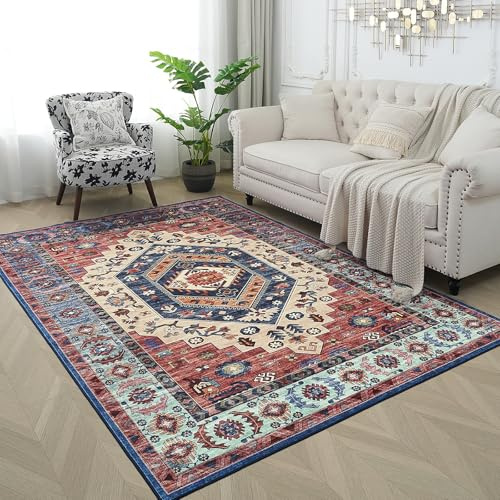 Xfrog Rug Living Room Washable Rugs Area Short Pile Vintage Rug Bedroom Red 200 x 300 cm