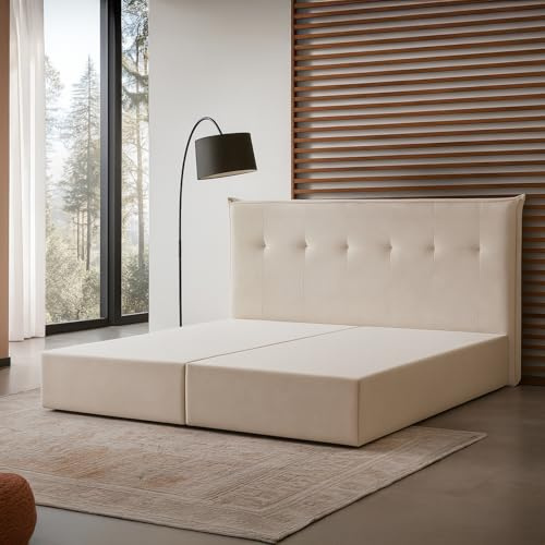 payé Boxspringbett 180x200 cm - Creme mit hohem Kopfteil, 6 Ziernähte, Anti-Rutsch Bezug, bodennah, ohne Matratze