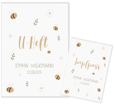 U-Heft Hülle personalisiert mit Name & Geburtsdatum – U-Heft & Impfpass Hülle Set mit 3 Fächern für Untersuchungsheft, Impfpass & Krankenkassenkarte – Baby Geschenk zur Geburt oder Taufe neutral