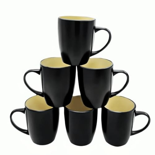 HOMD Coffee Cup Set 6-12oz Large Handle Ceramic Cup for Coffee, Soup, Tea, Milk, Latte, hot Cocoa, Ladies, Men-New Porcelain Mug Set. (Black Rice Color)