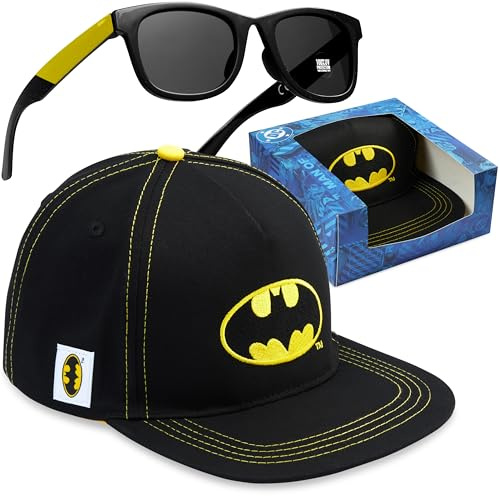 DC Comics Batman Kids Baseball Cap & Sunglasses with UV Protection, Adjustable Sun Hat, Gifts for Boys, Ages 6–14 (Black Batman)