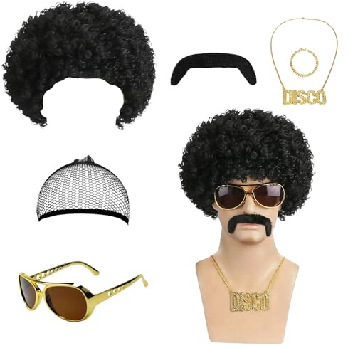 6er Herren Afro Perücke Set, 70er 80er Jahre Disco Dude Shaggy Lockige Kurzperücke mit Perücke Schnurrbart Sonnenbrille Haarnetz Armband, Karneval Halloween Party Kostüm