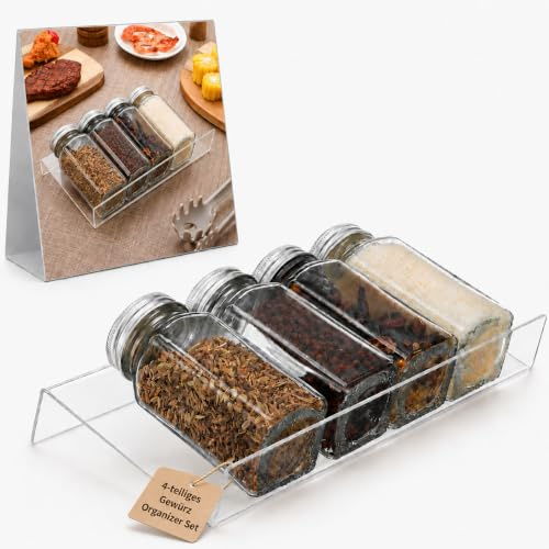 Gewürz Organizer Schublade 4 Teilige, Transparentes Acryl Gewürzregal | Erweiterbarer Gewürzhalter zur platzsparenden Gewürzaufbewahrung und besseren Organisation für Küche und Schubladen