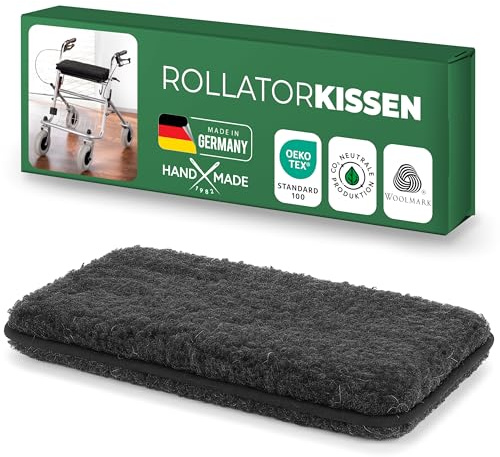 Novaliv Rollatorkissen Anthrazit 100% Schurwolle warm & atmungsaktiv 3 cm Polster 40×20 cm Fixierbänder gegen Verrutschen Uni-Design robust Handwäsche Rollator Zubehör