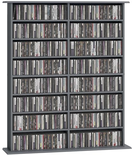HOMCOM 720 CD/396 DVD Storage Unit, 396 Blu-ray Media Storage Shelf with 16 Compartments and 12 Adjustable Shelves, CD Tower for Living Room, Bedroom, Office, Gris