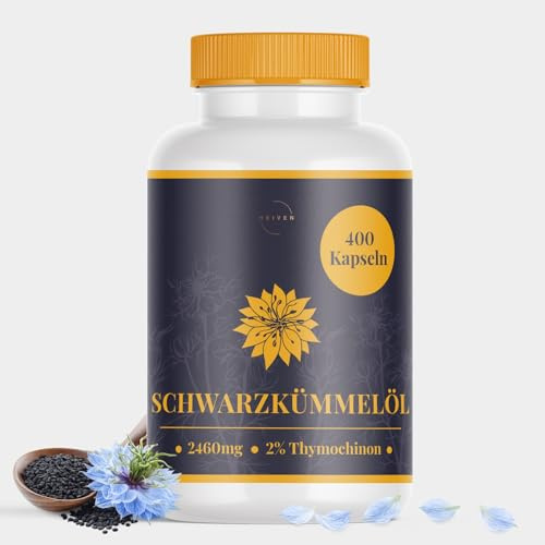 Huile de graines de cumin noir (Nigella sativa d’origine), 400 capsules softgel, dose journalière contenant 2 460 mg d’huile de graines de cumin noir, pressée à froid, naturelle.