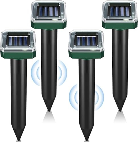 4 Pcs Solar Mole Repellent Sonic Gopher Repellent Vole Chaser Mole Deterrent Sonic Spikes Repellent Ultrasonic Pest Control Outdoor Keep Moles Out of Yard Lawn