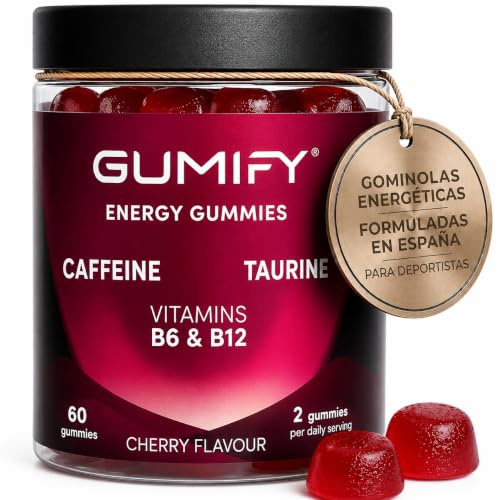 Gominolas de Cafeína - 60 Gominolas Energéticas (30 Días) - 75mg Cafeína, Taurina, Vitaminas B6 y B12 - Para Deporte y Rendimiento - Sabor Cereza - GUMIFY