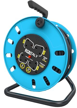 25M Retractable Cable Reel Extension Lead with Overheat Protection (Blue | Heavy Duty Extension Cord Reel with Thermal Cut-Off, Portable Handle & Shock-Proof Safety Socket, Indoor/Outdoor Use