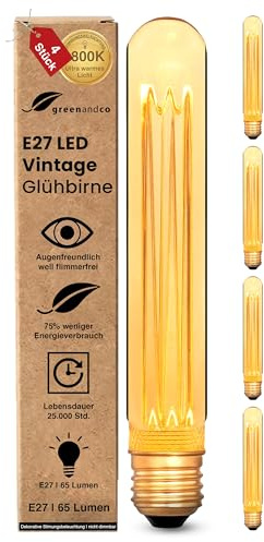 greenandco 4x Vintage Design LED Birne zur Stimmungsbeleuchtung | E27 T30 | gold | 2W 65lm | 1800K extra warmweiß | 320° | 230V | flimmerfrei | nicht dimmbar | Edison Glühbirne