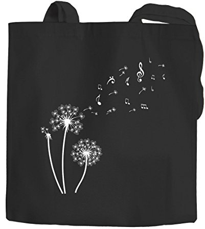 Autiga Jutebeutel Pusteblume Musiknoten Noten Musik Dandelion Baumwolltasche Stoffbeutel schwarz 2 lange Henkel