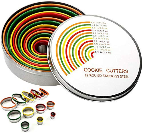 VIONNPPT Set di 12 tagliabiscotti rotondi in misure assolute per ciambella, impasto, fondente, argilla in acciaio inox, per cutter e anelli con rivestimento in gomma colorata