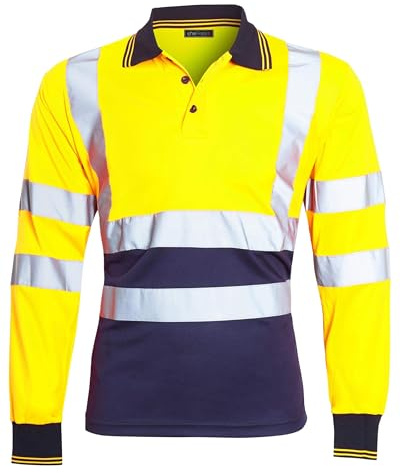 shelikes Mens Hi Vis Viz Polo Tshirt Top Long Sleeve Polos Shirt High Visibility Tee Shirt Work Utility & Safety Clothing PPE Workwear Tops