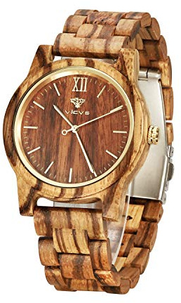 VICVS Wooden Watches for Men and Women, Natural Walnut/Olive Wood Japanese Quartz Chronograph, Adjustable Strap, Military Sports and Leisure (Zebra)