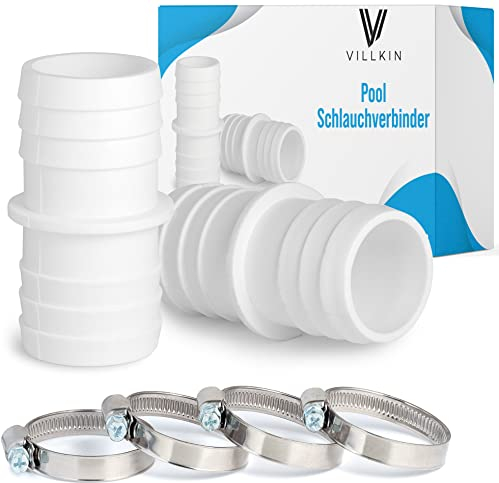 Villkin 2X Schlauchverbinder mit 4X Schlauchschellen für den Pool - Schlauchtülle im 2er Pack (38mm x 38 mm, Weiß)