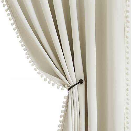 Ivory Blackout Curtains Cute Pom-Pom Trimming Drapes for Girls Kids Room 54 inches Pencil Pleat 100% Blackout Beige Curtains Thermal Insulated Room Darkening Window Treatments for Office, 50 w 2pcs