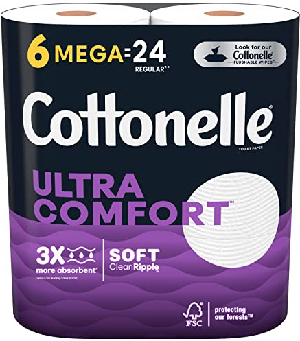 Cottonelle Ultra Comfort Toilet Paper, Strong Toilet Tissue, 6 Mega Rolls (6 Mega Rolls = 24 Regular Rolls), 268 Sheets per Roll, Packaging May Vary White