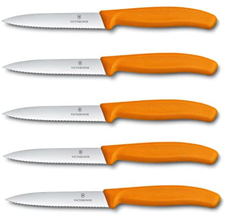 Victorinox 5-tlg Gemüsemesser Set Swiss Classic Orange – 10 cm mit Wellenschliff – Tomatenmesser