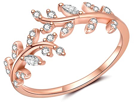 Sterling Silver Rings for Women, 925 Silver Open Adjustable Leaf Ring with Cubic Zirconia Jewelry Gift for Wedding Anniversary Birthday (Silver, Gold, Rose Gold)