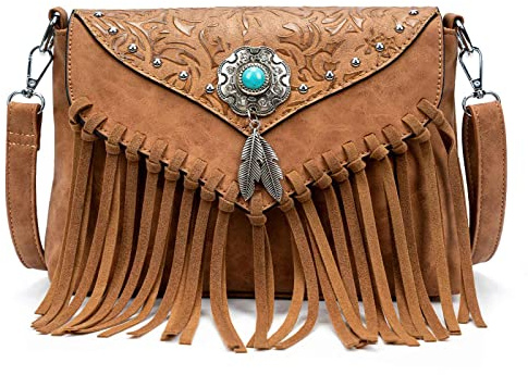 LAVAWA Small Crossbody Bags for Women Crossbody Handbag Fringe Purse Tassel Shoulder Bag Turquoise Concho Wallet, Light Brown
