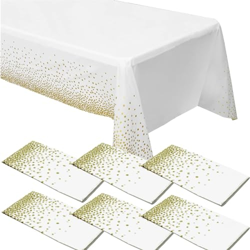 ZeriTlolen 6 Pack Gold Dot Tablecloths for Rectangle Tables, 54 x 108 White Plastic Tablecloths Disposable Waterproof Party Table Cloths Gold Dot Confetti Table Cloth for Outdoor Birthday Party