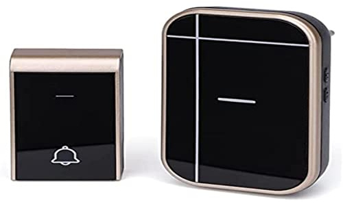Timbre inalámbrico negro y dorado, compatible con corriente alterna, fácil instalación, ideal para mejorar la seguridad del hogar.
