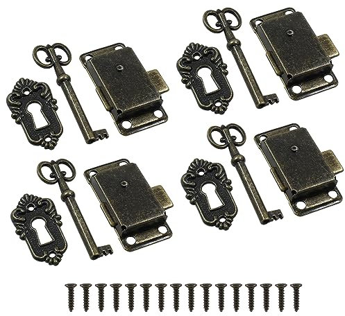 Jiozermi 4 Sets Antikes Schrankschloss, Schmuckkastenschloss, Möbel-dekoratives Schloss mit Schlüssel und Schrauben, Bronze
