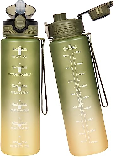 Seekua Sport Tritan Trinkflasche 1l mit Strohhalm & Zeitmarkierung, Große Wasserflasche mit Uhrzeit, Kohlensäure Geeignet Sportflasche für Fahrrad, Fitness, Gym, 2 Deckel, 1 liter