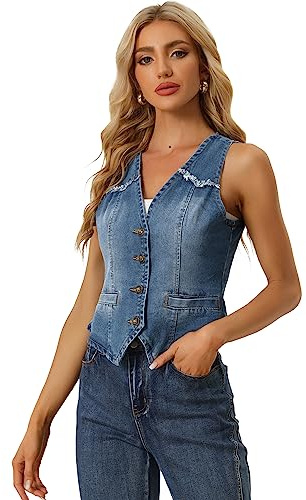Allegra K Damen Jeansweste Ärmellos Verwaschene Distressed Kragenlose Gilet Denim Jacke Blau M