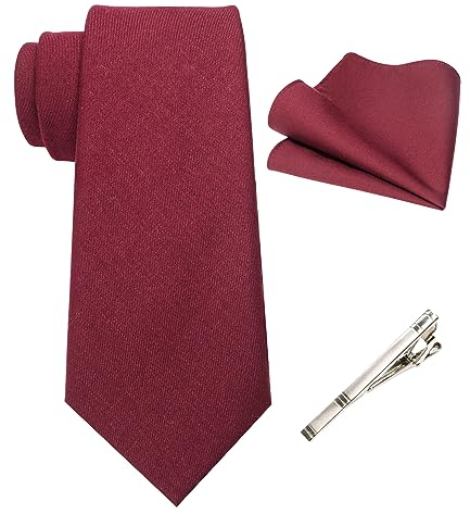 JEMYGINS Herren Retro Baumwollmischung Krawatte mit Einstecktuch und Krawattenklammer Set,Kastanienbraun