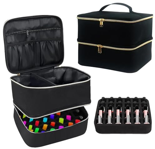 Movstriker Nail Polish Organiser Bag, Double Layer Nail Varnish Storage Holds 30 Bottles and A Nail Lamp, Traveling Nail Polish Storage Case Portable Nail Lipstick Beauty Tools Box(Black)