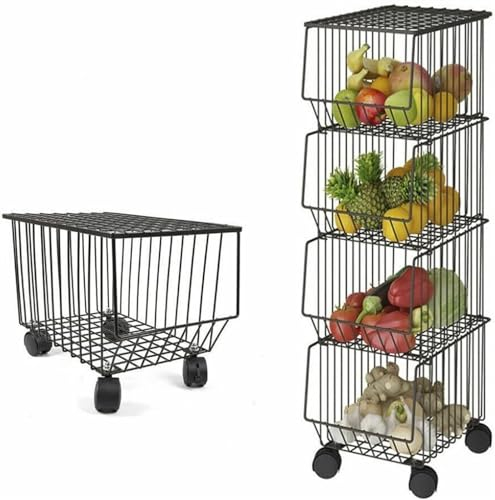 scaffale cucina Cestini da cucina for riporre frutta e verdura, scaffale portafrutta impilabile a 4 livelli, cestino for riporre gli oggetti, cestino in filo metallico con ruote e coperchio, carrello