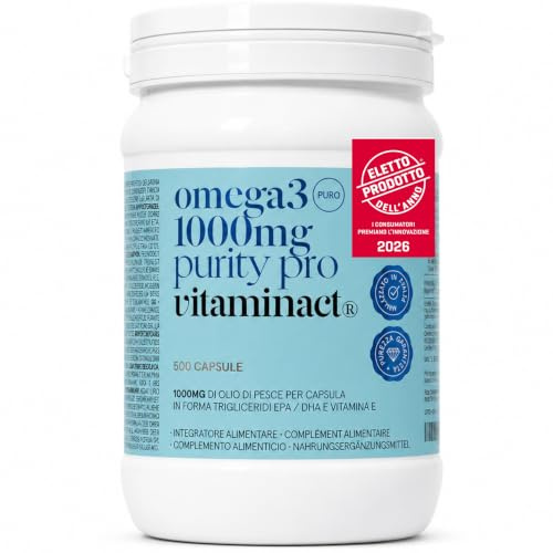 Omega 3 1000 mg a Capsula – 500 Capsule Softgel – Olio di Pesce Puro in Forma Trigliceride TG- Senza Ritorno di Gusto – EPA e DHA a Capsula - Vitamina E – Vitaminact.
