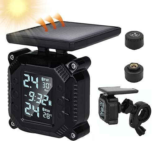 OBEST Motorcycle Tyre Pressure Monitor, Solar Power Wireless Tpms Tyre Pressure Monitoring System for Motorcycle Car Safety Monitor with LCD Display & 2 External Sensors