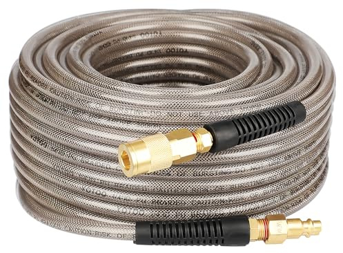 YOTOO Reinforced Polyurethane Air Hose 1/4 Inner Diameter by 100' Long, Flexible, Heavy Duty Air Compressor Hose with Bend Restrictor, 1/4 Swivel Industrial Quick Coupler and Plug, Gray