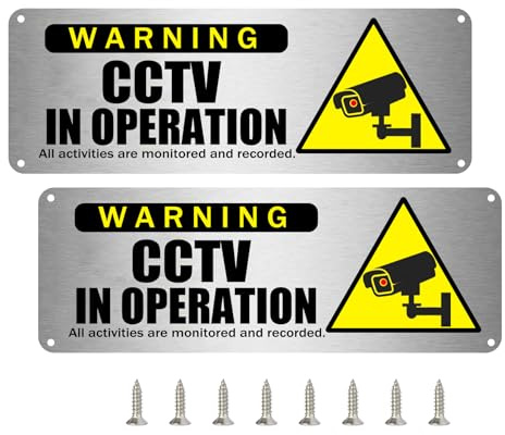 Yitla 2-PACK Outdoor CCTV Signs - 25 x 9cm Brushed Aluminium, Self Adhesive, Metal Signs with Screws and Cable Ties for Home, Business