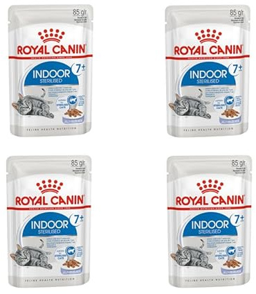Royal Canin Indoor Sterilised 7+ | Pack de 4 | 4 x 12 x 85 g | Alimento Completo para Gatos a Partir de los 7 años | para Gatos esterilizados Que Viven en Interiores | Trocitos en gelatina