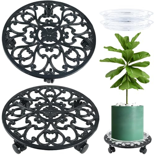 2 Packs 14 Inch Rolling Plant Stand with Wheels Metal Plant Caddy with Wheels Heavy Duty Round Plant Stand Indoor Iron Plants Rollers for Plants, Plant Dolly with Plant Saucers