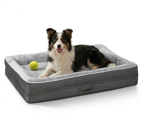 Upvilla Orthopädisches Hundebett Grosse Hunde, Hundekorb Waschbar | mit Eierförmiger Kistenschaum，Wasserdicht Hundesofa mit rutschfeste Unterseite und Vierseitiges Kissen (Grau, L91xB61xH18cm)