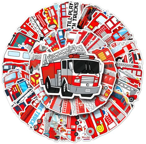 50 Stück Feuerwehr Aufkleber Set, Wasserfeste Feuerwehrauto Sticker, Cartoon Feuerwehrfahrzeug Aufkleber,Kreatives DIY für Laptop Mobiltelefone Skateboard Gepäck etc,Geeignet für Erwachsene und Kinder