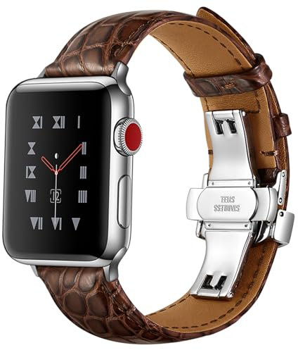 Lederriemen Krokodilmuster Kompatibel mit Apple Watch 49mm 45mm 44mm 42mm 41mm 40mm 38mm Armband, Echtes Leder Armband für iWatch Ultra/Ultra 2/Series 9/8/7/6/5/4/SE/SE 2,Brown/Silver,42/44/45/49mm