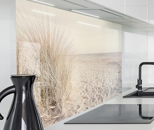 timalo Herd Spritzschutz Wand Spüle, Küche Küchenrückwand Glasoptik | Acryl Glas 2mm | Glasrückwand Acrylglas Küchenpaneele Rückwandschutz Platte | 80x50cm Meer Düne Pampasgras Nordsee