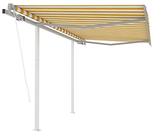 Homgoday Markise Einziehbar Automatisch Sonnenmarkise Balkonmarkise Sonnenmarkise Sonnenschutz, |mit Pfosten Höhen & Winkel Verstellbar| für Terrasse Balkon 3,5x2,5m Gelb Weiß