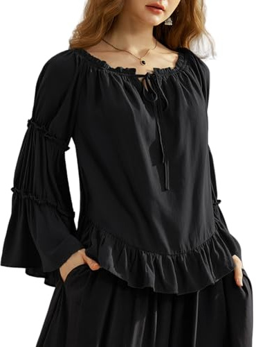 Scarlet Darkness Damenbluse mit Glockenärmeln, schulterfrei, Rüschen, lässig, lockere Renaissance-Bluse, Schwarz, X-Groß