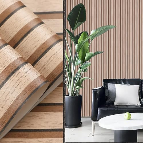 Baketron Light Oak Wood Panel Wallpaper Wood Effect Slats Wallpaper Slat Wall Panelling Wooden Striped Woodchip Wall Paper Roll for Living Room Bedroom Hallway and Stairs