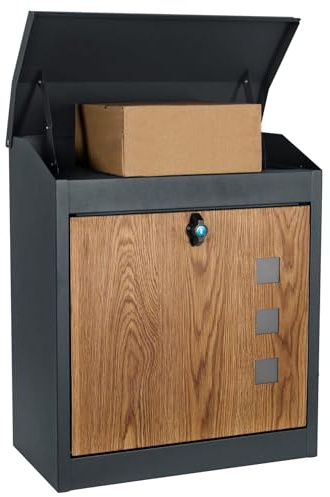 JUMI Wetterfest Briefkasten und Paketbox - Rostfrei und Massiv - Standbriefkasten Modern - Stahlblech Rückholsperre - Schublade und Schrank - Mailbox - aus Metall, Anthrazit + Holz Motiv