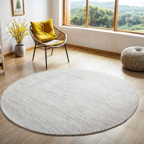 MY-RUG Wollteppich Rund 150 cm - Handgewebter Wohnzimmer Teppich aus Wolle | Naturteppich aus 100% Schurwolle, Wendbar und Robust, Boho Stil Design, Optimal für Fußbodenheizung geeignet