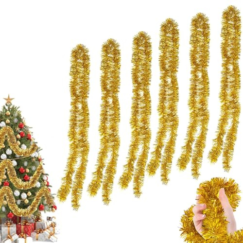 6 Pieza Espumillón de Navidad, Oropel de Navidad Decoración Colgante, Guirnalda de Navidad Metálicas, Guirnalda de Oropel de Navidad, Decoración del Árbol de Navidad para Navidad, Fiestas(Dorado)