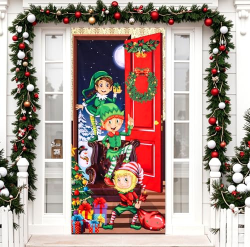 MELLIEX Weihnachten Tür Abdeckung Dekoration Lustiger Elfen und Weihnachtsmann Hintergrund Türabdeckung Weihnachtsdeko Hängen Banner für Feiertag Weihnachten Deko, 90 x 185cm, 90 x 200 cm