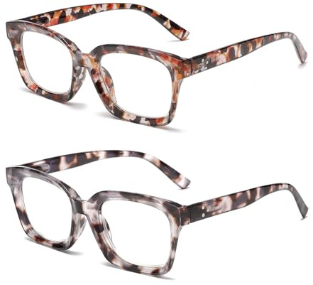 Hubeye Gafas de lectura cuadrados de montura grande para mujer y hombre bisagra de resorte Anteojos de lectura de gran tamaño anti luz azul (Rayas Naranjas+Rayas Grises, 1.00)